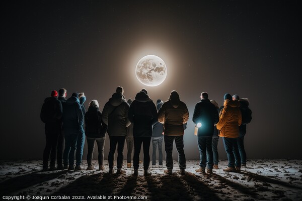 A group of men stand in the darkness, illuminated by a full moon Picture Board by Joaquin Corbalan