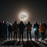 Buy canvas prints of A group of men stand in the darkness, illuminated by a full moon by Joaquin Corbalan
