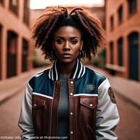 Buy canvas prints of Portrait of a young black woman with afro hair wearing casual cl by Joaquin Corbalan