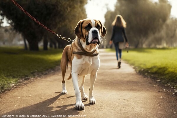 A woman walks her dog through a city park, on a leash. Ai genera Picture Board by Joaquin Corbalan