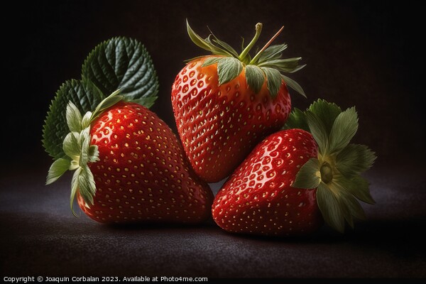 A vibrant red strawberry stands out against a black background,  Picture Board by Joaquin Corbalan