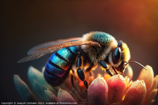 A beautiful honey bee gathers pollen from a flower petal in this Picture Board by Joaquin Corbalan