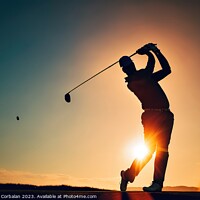 Buy canvas prints of Silhouette of retired man playing golf at sunset.Ai generated. by Joaquin Corbalan