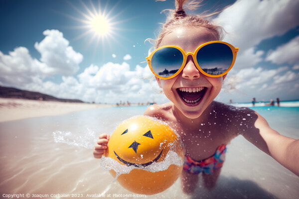 A happy girl in the sea water bathes on the beach smiling. Ai ge Picture Board by Joaquin Corbalan