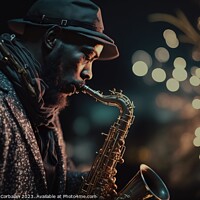 Buy canvas prints of A black man plays a saxophone one night during a concert. Ai gen by Joaquin Corbalan