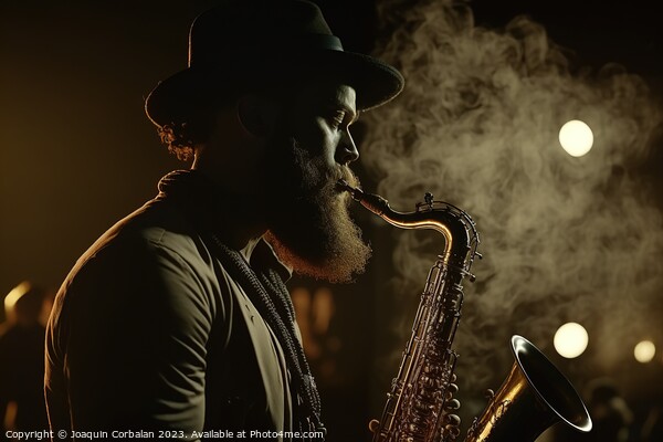 A black man plays a saxophone one night during a concert. Ai gen Picture Board by Joaquin Corbalan