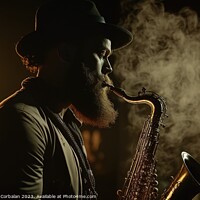 Buy canvas prints of A black man plays a saxophone one night during a concert. Ai gen by Joaquin Corbalan