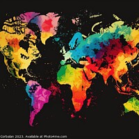 Buy canvas prints of World map, planisphere, with a black background and colorful rel by Joaquin Corbalan