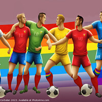 Buy canvas prints of Illustration with soccer players and the lgtbi rainbow flag to c by Joaquin Corbalan