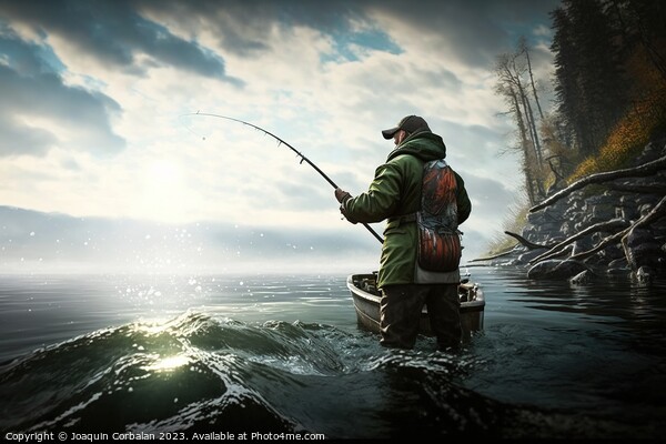 A man goes out into the sea to fish with a rod. Ai generated. Picture Board by Joaquin Corbalan