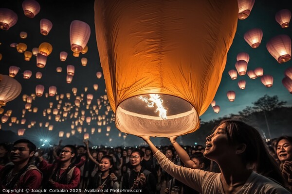 Asian tourists throwing paper lanterns into the air on a festiva Picture Board by Joaquin Corbalan