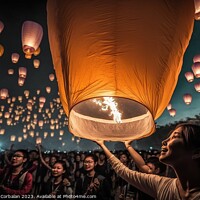 Buy canvas prints of Asian tourists throwing paper lanterns into the air on a festiva by Joaquin Corbalan
