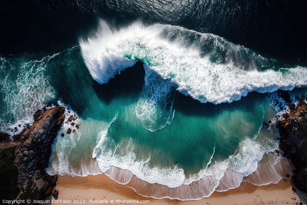 Aerial view of the beach waves hitting the sand. Ai generated. Picture Board by Joaquin Corbalan