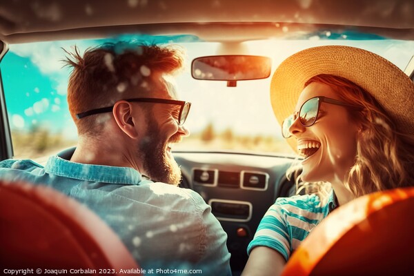 A couple enjoy a weekend car vacation, they laugh while driving. Picture Board by Joaquin Corbalan