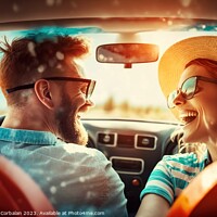 Buy canvas prints of A couple enjoy a weekend car vacation, they laugh while driving. by Joaquin Corbalan