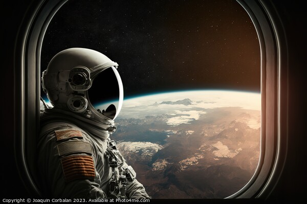 Astronaut in a helmet looks out the window of the space station. Picture Board by Joaquin Corbalan