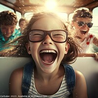 Buy canvas prints of A girl squeals with joy during a car ride on vacation. Ai genera by Joaquin Corbalan