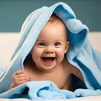 Buy canvas prints of Happy baby laughs after his bath. AI generated. by Joaquin Corbalan