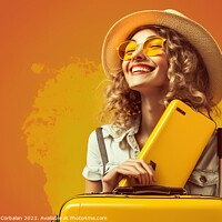 Buy canvas prints of A happy woman with her suitcases and luggage to start her vacati by Joaquin Corbalan