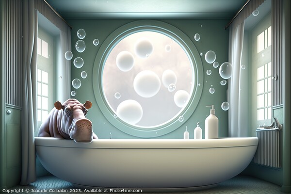 Illustration of a cute hippopotamus taking a bath in a modern ho Picture Board by Joaquin Corbalan