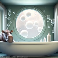 Buy canvas prints of Illustration of a cute hippopotamus taking a bath in a modern ho by Joaquin Corbalan