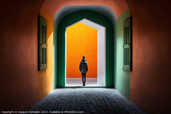 A person, with his back turned, walks among the colorful and ori Picture Board by Joaquin Corbalan