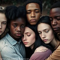 Buy canvas prints of Group portrait of serene embracing multiracial young people. AI  by Joaquin Corbalan