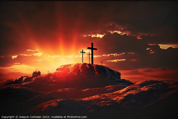 A lone Catholic cross on top of a hill with glowing heavenly ray Picture Board by Joaquin Corbalan