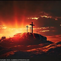 Buy canvas prints of A lone Catholic cross on top of a hill with glowing heavenly ray by Joaquin Corbalan