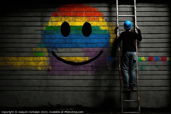 A worker on a ladder paints a smiley face on a wall. Ai generate Picture Board by Joaquin Corbalan