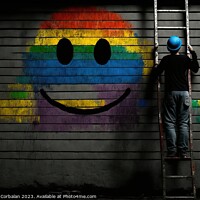 Buy canvas prints of A worker on a ladder paints a smiley face on a wall. Ai generate by Joaquin Corbalan