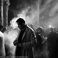 Buy canvas prints of Documentary street photography of men gathered in a church squar by Joaquin Corbalan