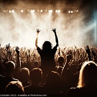 Buy canvas prints of A crowd at a lively rock concert applauding the group on stage.  by Joaquin Corbalan