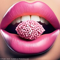 Buy canvas prints of Sensual pink female lips bite a candy. Ai generated. by Joaquin Corbalan