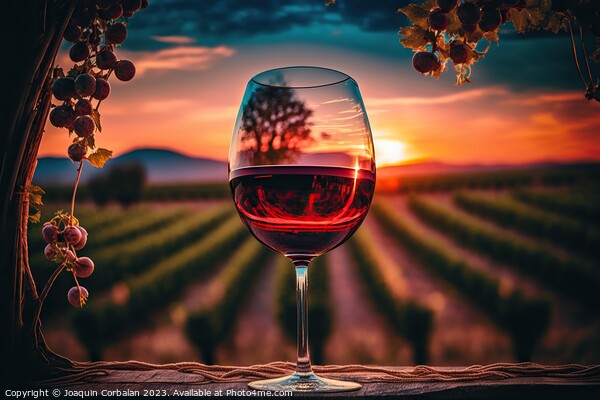 Sunset in the vineyard through a glass of red wine Picture Board by Joaquin Corbalan