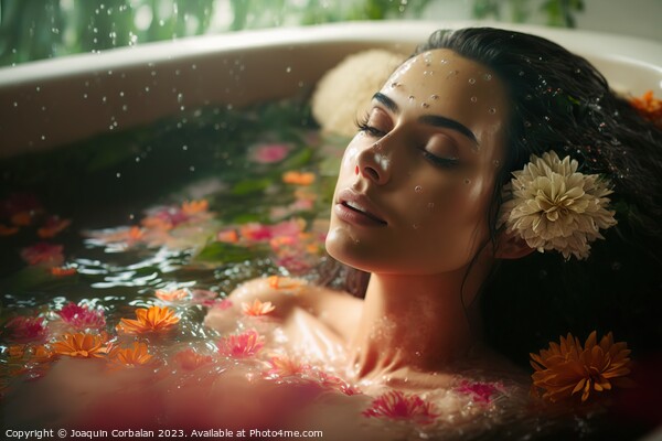 A beautiful young woman enjoys a relaxing floral bath to de-stre Picture Board by Joaquin Corbalan