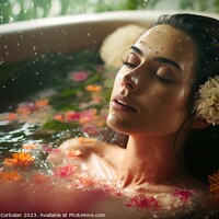 Buy canvas prints of A beautiful young woman enjoys a relaxing floral bath to de-stre by Joaquin Corbalan