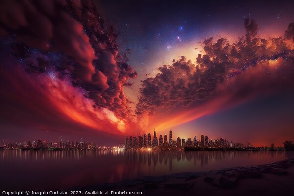 Spectacular night starry sky over a big city, imaginative illust Picture Board by Joaquin Corbalan