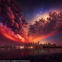 Buy canvas prints of Spectacular night starry sky over a big city, imaginative illust by Joaquin Corbalan