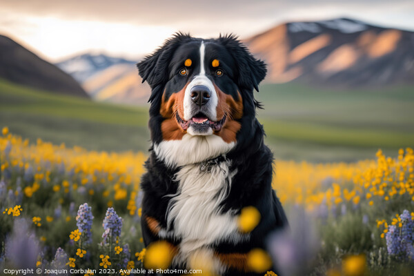 Portrait of a calm dog Bernese in a flowery meadow Picture Board by Joaquin Corbalan