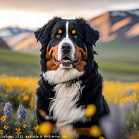 Buy canvas prints of Portrait of a calm dog Bernese in a flowery meadow by Joaquin Corbalan