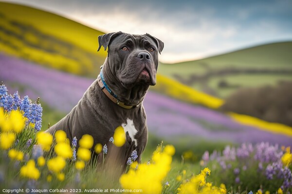 Portrait of a calm Corso dog in a flowery meadow.  Picture Board by Joaquin Corbalan