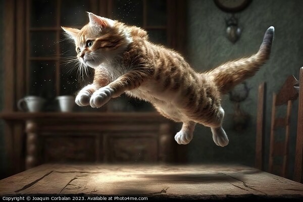 Kitten jumping in the air inside a house. Ai gener Picture Board by Joaquin Corbalan