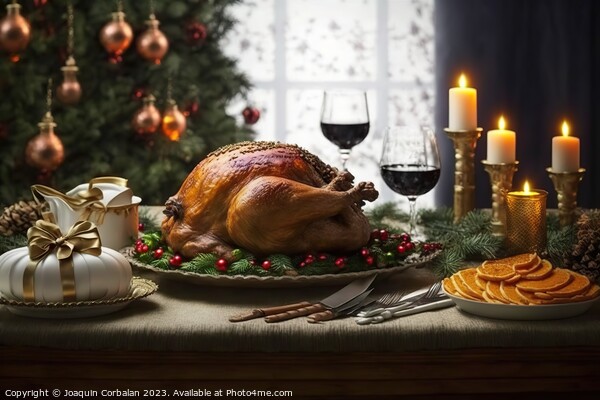 A roast turkey on the table with no one for thanksgiving dinner, Picture Board by Joaquin Corbalan