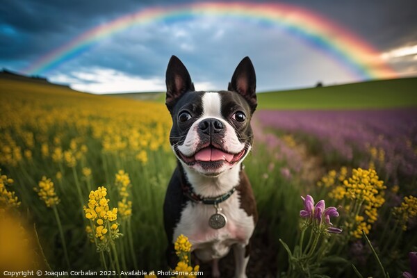 A dog breed Boston Terrier in a meadow. Ai generat Picture Board by Joaquin Corbalan