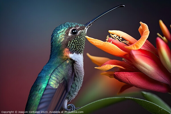 Beautiful brightly colored hummingbird, blurred ba Picture Board by Joaquin Corbalan