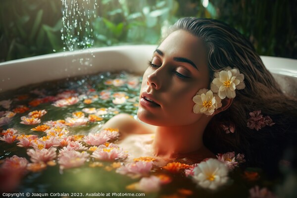 Portrait of a pretty young girl relaxing in a bathtub among natu Picture Board by Joaquin Corbalan
