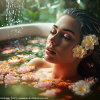 Buy canvas prints of Portrait of a pretty young girl relaxing in a bathtub among natu by Joaquin Corbalan
