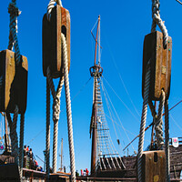 Buy canvas prints of Ropes and rigging of an old caravel, ship of medieval explorers. by Joaquin Corbalan