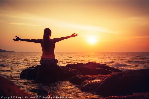 Woman  doing yoga on the coast during sunset. Ai generated. Picture Board by Joaquin Corbalan